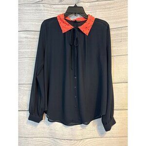 Lucca Couture Navy Blouse Studded Collar Size M